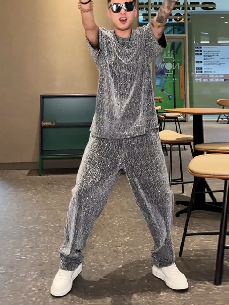 2024 Summer Trendy Starry Hot Drilling Men's Sets Fashion High Elasticity Thin Breathable Short Sleeve Top Pants Two-Piece Set