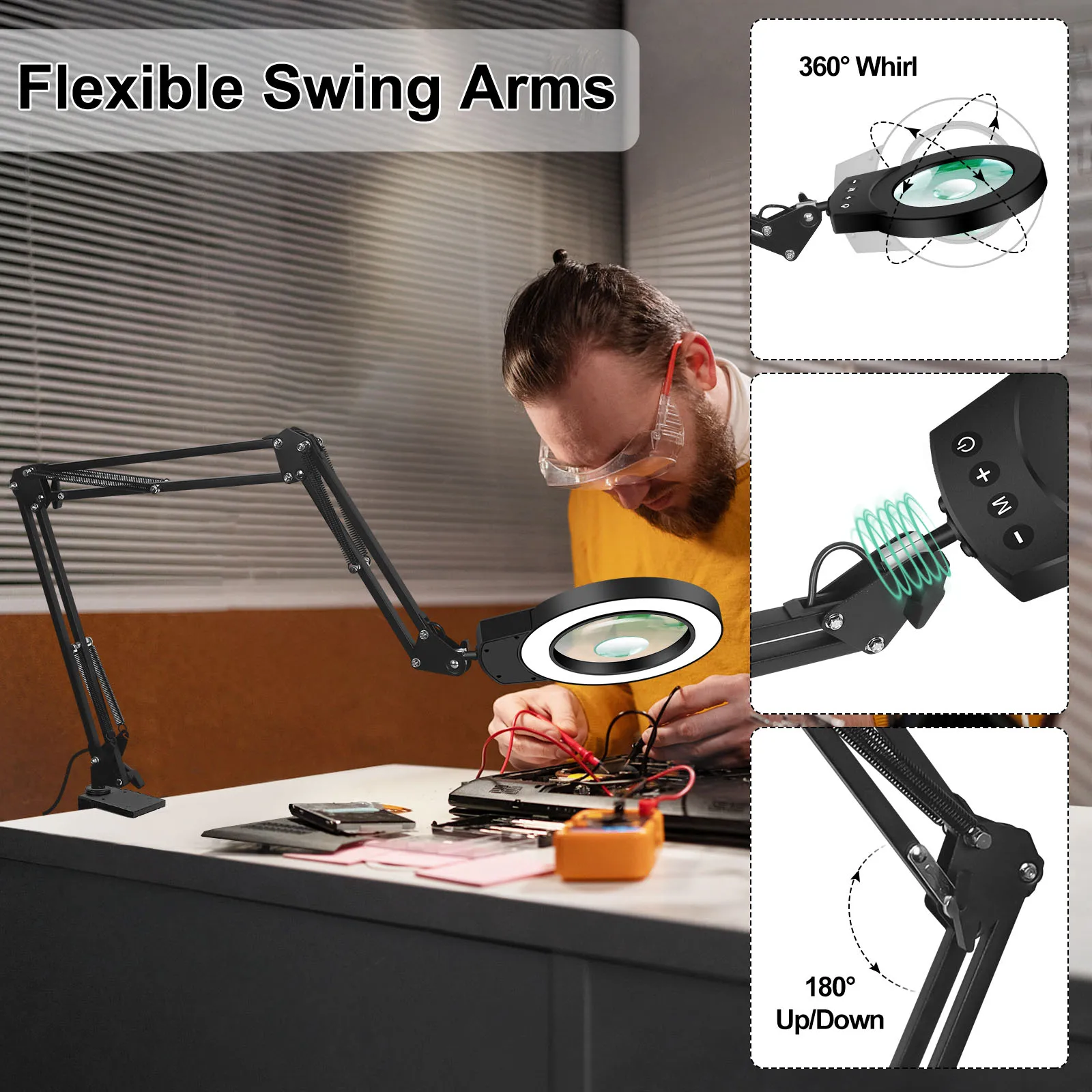 Magnifying Glass Lamp Long Swing Arms 5X/10X with 5 Color Adjust LED Lights Reading Table Lamp for Welding Repair Close Work