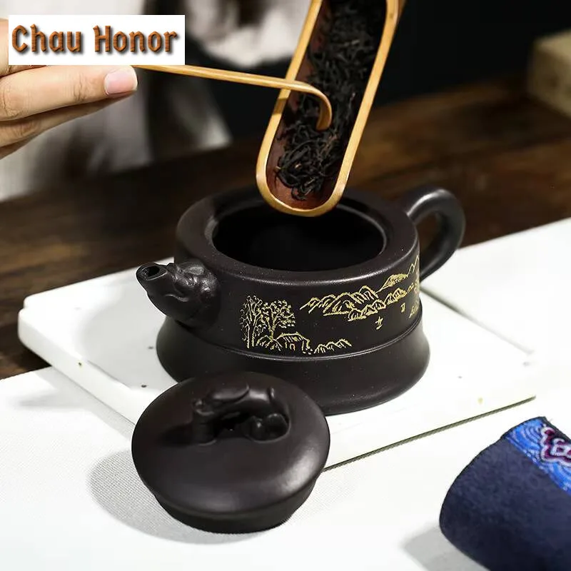 225ml Yixing Raw Ore Ugin Mud Purple Clay Pot Handmade Lettering Household Teapot Puer Kung Fu Tea Set Tea Ceremony Accessories