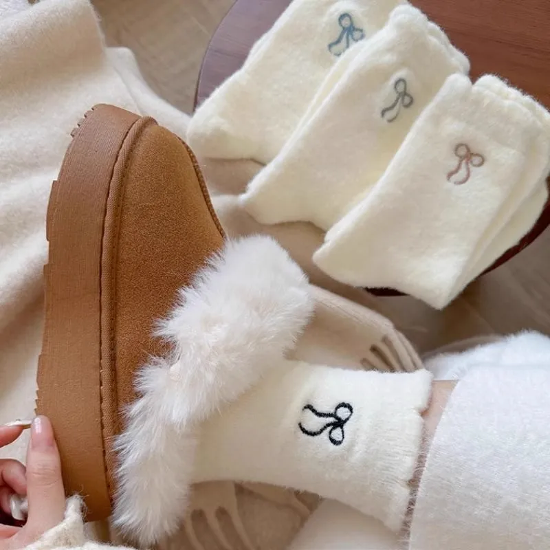 Cozy Mink Velvet Bow Plush Socks - Warm Fluffy Hosiery