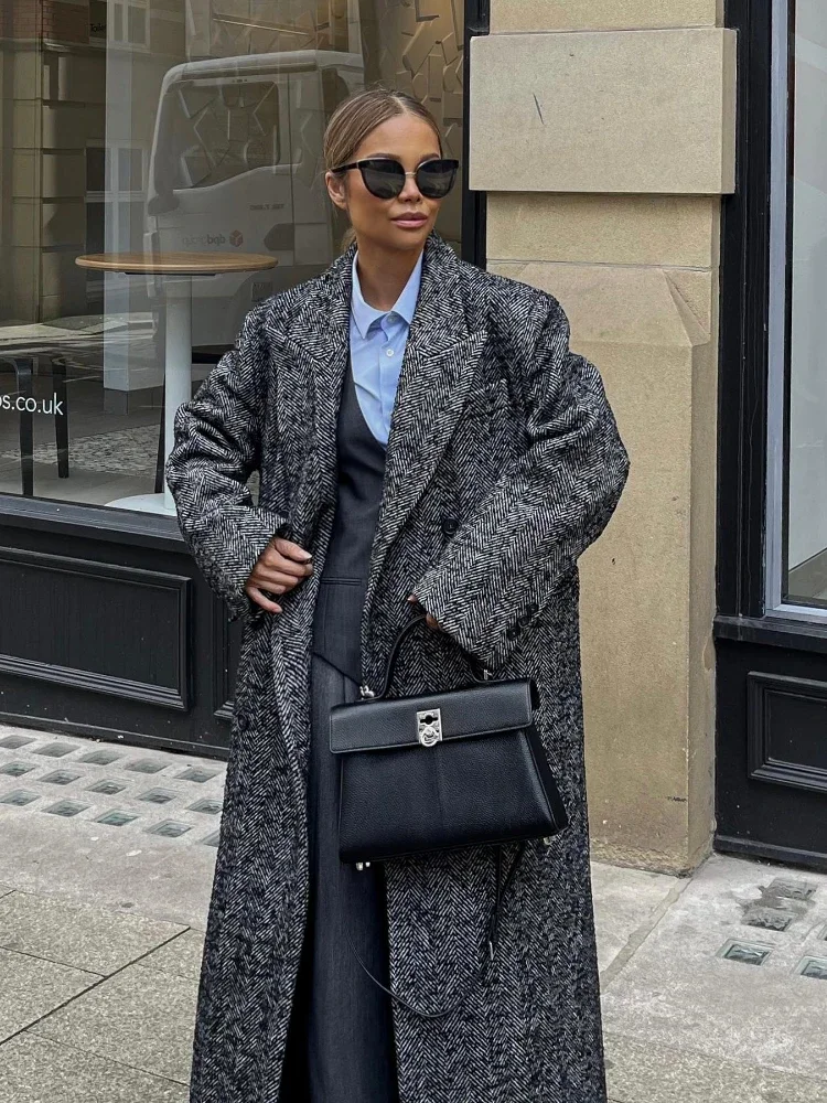 ジャケット・アウター DOUBLE WOOL LONG COAT RR2786 Black White Striped Double-breasted Trench Coats Women Wool