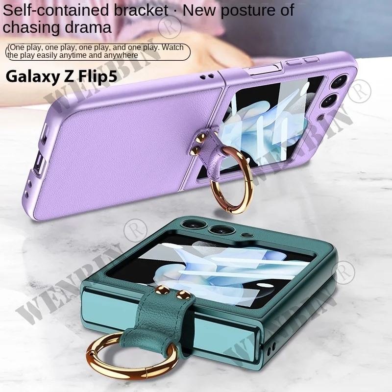 Finger Ring Capa For Samsung Z Flip 5 4 3 5G Case Luxury Leather With Camera Lens Protector Glass Phone Case Cover