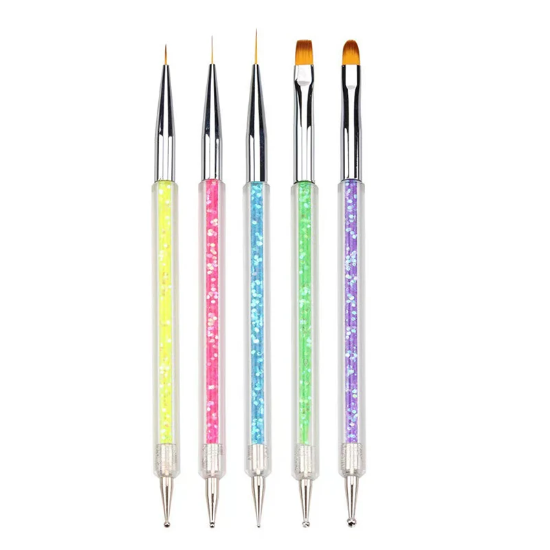 5 Pcs/Set Sequins Powder Drill Pen UV Gel Liner Polish Brush Double Ends Dotting Drawing Painting Crystal Nail Art Dotting Tools