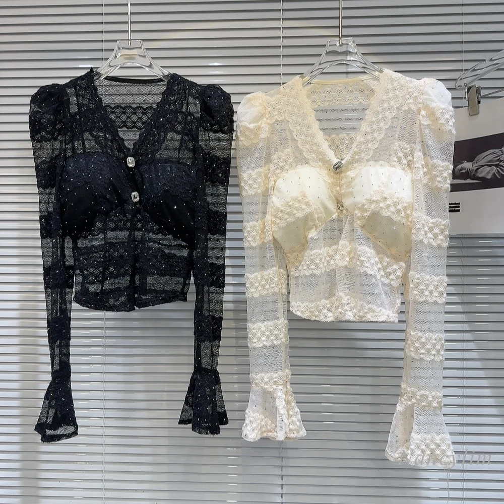 

2024 Spring New Sexy Hot Rhinestone Design Mesh Shirt Lace Blouse for Women V Neck Long Flare Sleeve Sexy Top