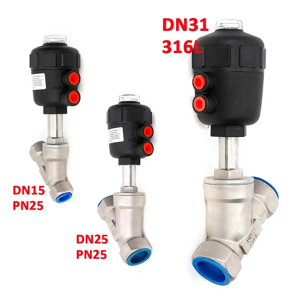 Stainless Steel Pneumatic DN15 DN25 DN32 Angle Seat Valve PN25 BSPP 1'' Air Actuated N/C