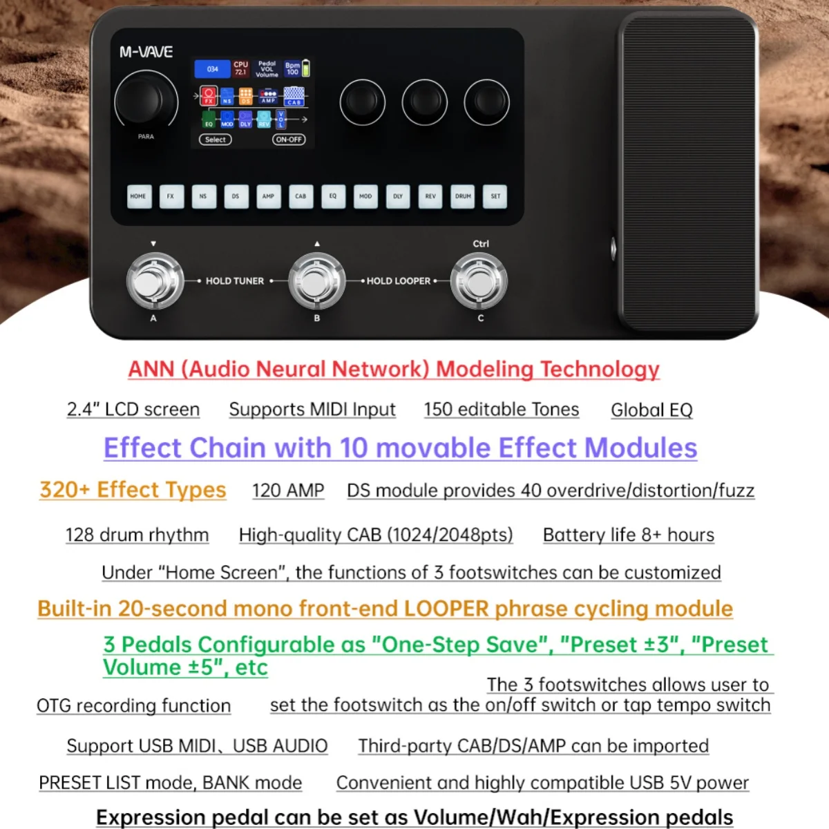 Guitar Effect Pedal Guitar Effects Pedal Multi-Effects Processor for Guitar and Bass Drum Machine Tuner Looper Amp Simulator USB Audio Interface