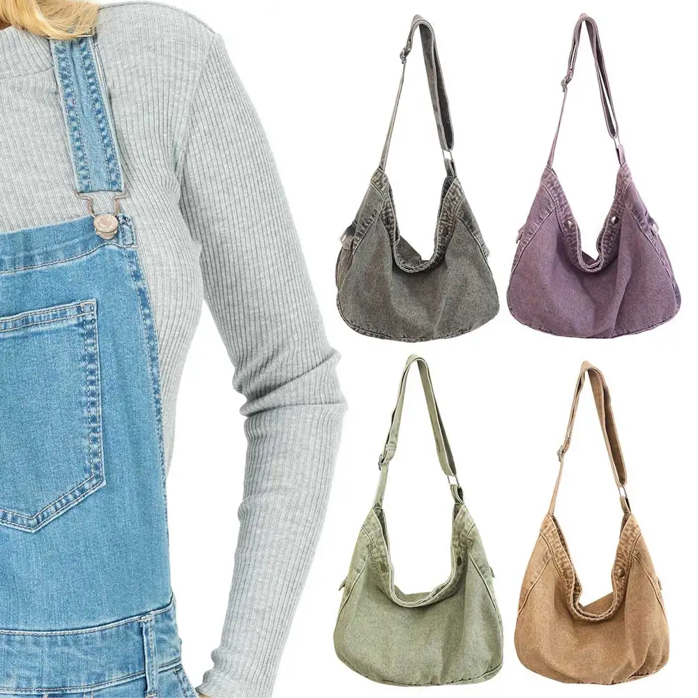 Women Canvas Bag Vintage Style Casual Shoulder Bag Distressed Cross Body Bag Solid Color Adjustable Shoulder Strap Commuting Bag