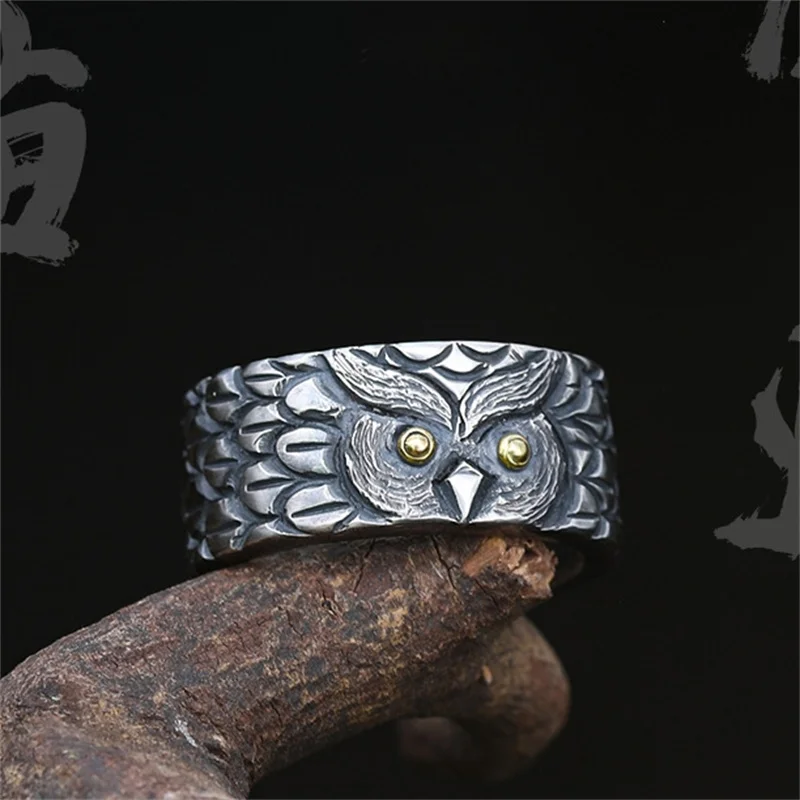 Anello Di Gufo Di Collisione In Argento Dorato Vintage Accessori Per Dito Indice Maschile Personalità Hip-Hop Trendy Men Ring Opening Size