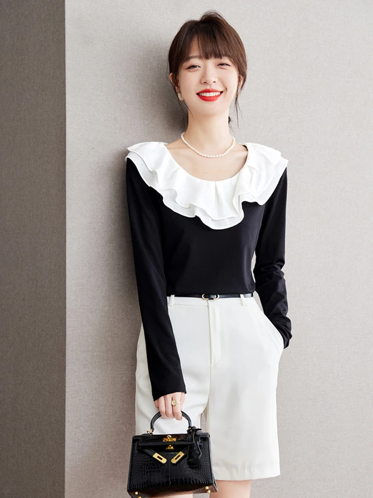 Temperament Ruffled Top  Women’s long sleeves crewneck Tops contrast French look slim solid color black with white anime kawaii lolita crew neck Shirts Womens Fall Autumn Winter ruffles round O-neck plus size boatneck blouses fashion