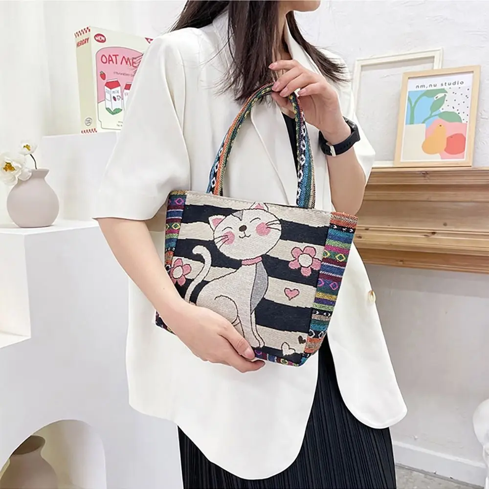 Fashion Women Canvas Handbag Animal Ethnic Style Embroidery Bag Elephant Peacock Rabbit Tote Bag Trendy Storage Bag