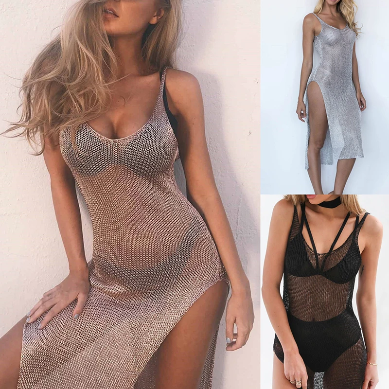 

Women's Summer Dresses 2024 Sexy Mesh Knitted Glitter Bikini Beach Cover Ups Spaghetti Strap Casual Sundresses For Women