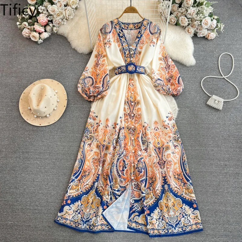 

Spring and Autumn Light Luxury Celebrity Temperament Long-sleeved V-neck, Cinched Waist Slim Single-breasted A-line Print Dress