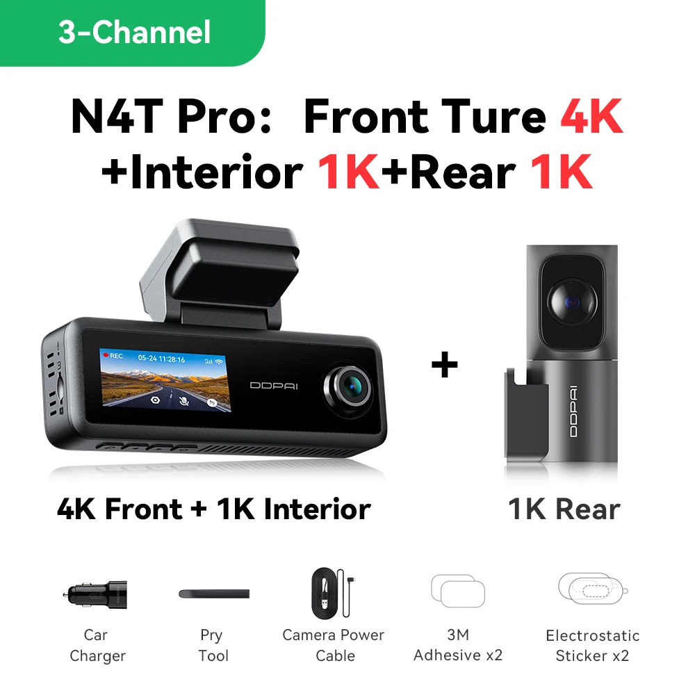 DDPAI N4T Pro 3-Channel Dash Cam 4K+1080P+1080P Front Rear Cabin ADAS GPS