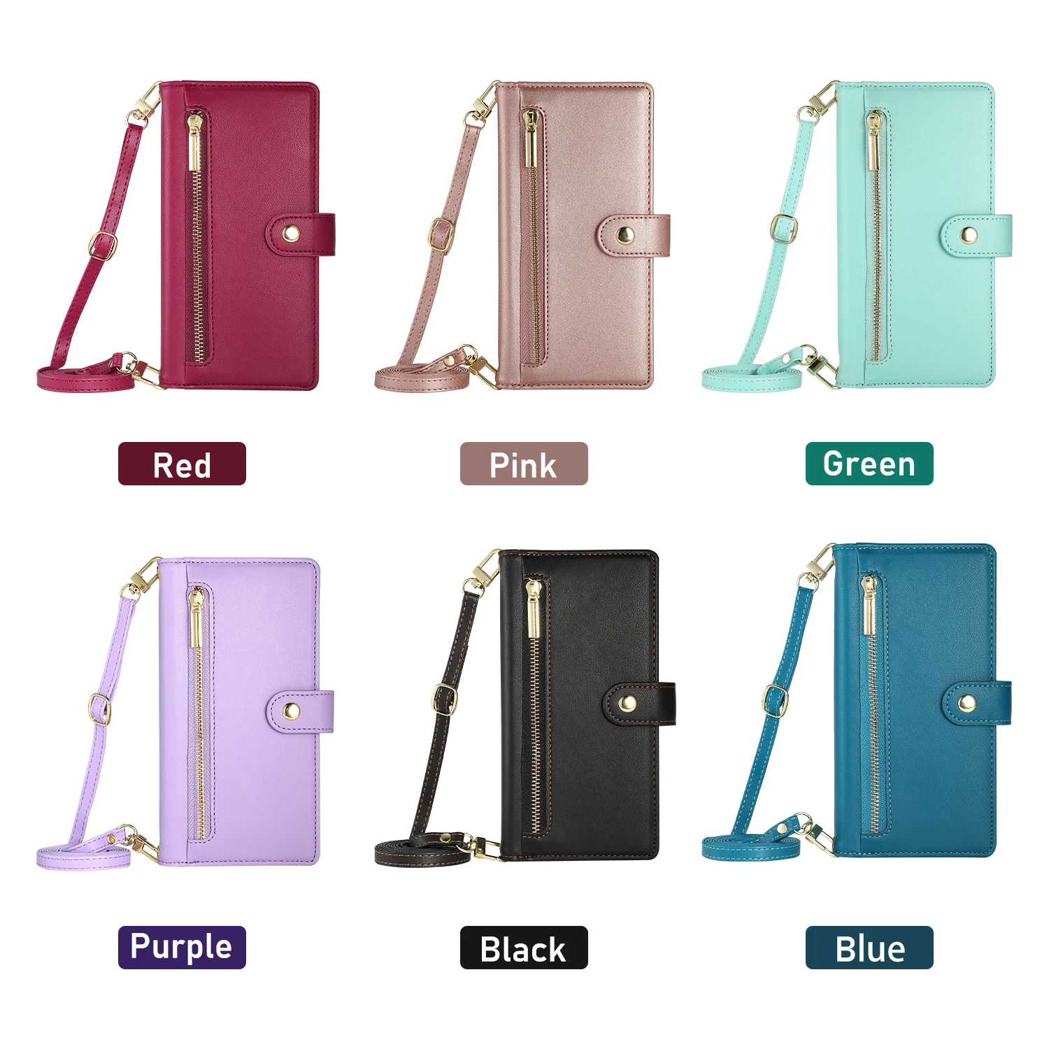 Étui portefeuille en cuir à fermeture éclair pour iPhone 15 Pro Max 16 14 Plus 13 12 11 SE4 XS MAX avec lanière et poche pour cartes_voghion.com
