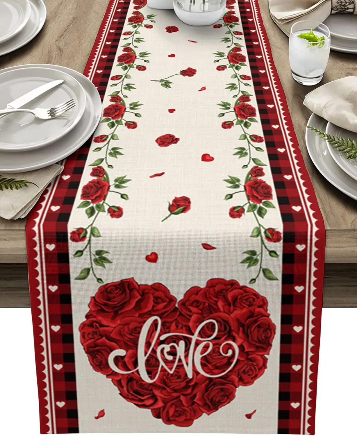 

Valentine's Day Love Rose Buffalo Plaid Linen Table Runners Dresser Scarves Dining Table Decor for Wedding Holiday Party Decor