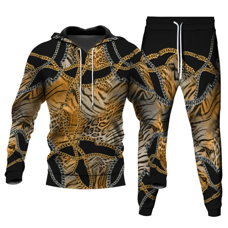 Leopard Zebra Pattern 3D Printed Tracksuits Men's 2 Piece Set Hoodies Sweatpants Streetwear Casual Two Piece Male Oversized Suit