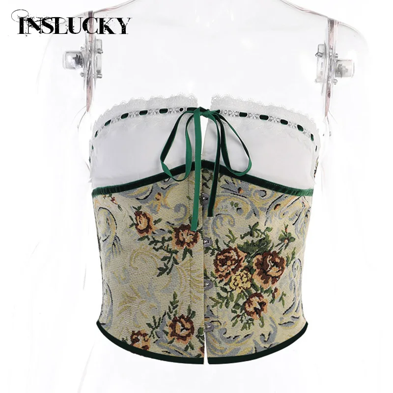 InsLucky Sexy Tube Corset Crop Top And Skirt Two Piece Set For Women Vintage Floral Print Panelled Bandage Vest High Waist Skirt