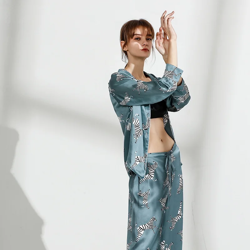 Blue Zebra Womens Zebra Pajamas Long Sleeve Blue Zebra Silk Satin