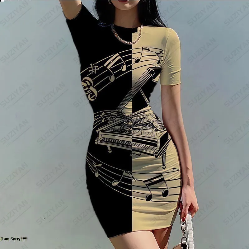 

Summer tight fitting women's short sleeved round neck dress Fashion printed color matching Women's sexy buttocks wrapped dress