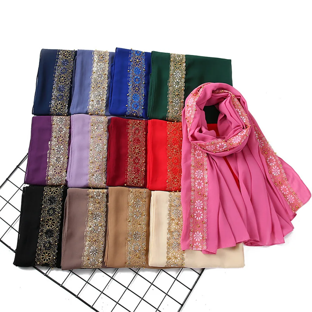 Spitze Chiffon Hijab Schal für Frauen islamisches Kopftuch weibliche muslimische Kopf wickel Schals – Detail 3
