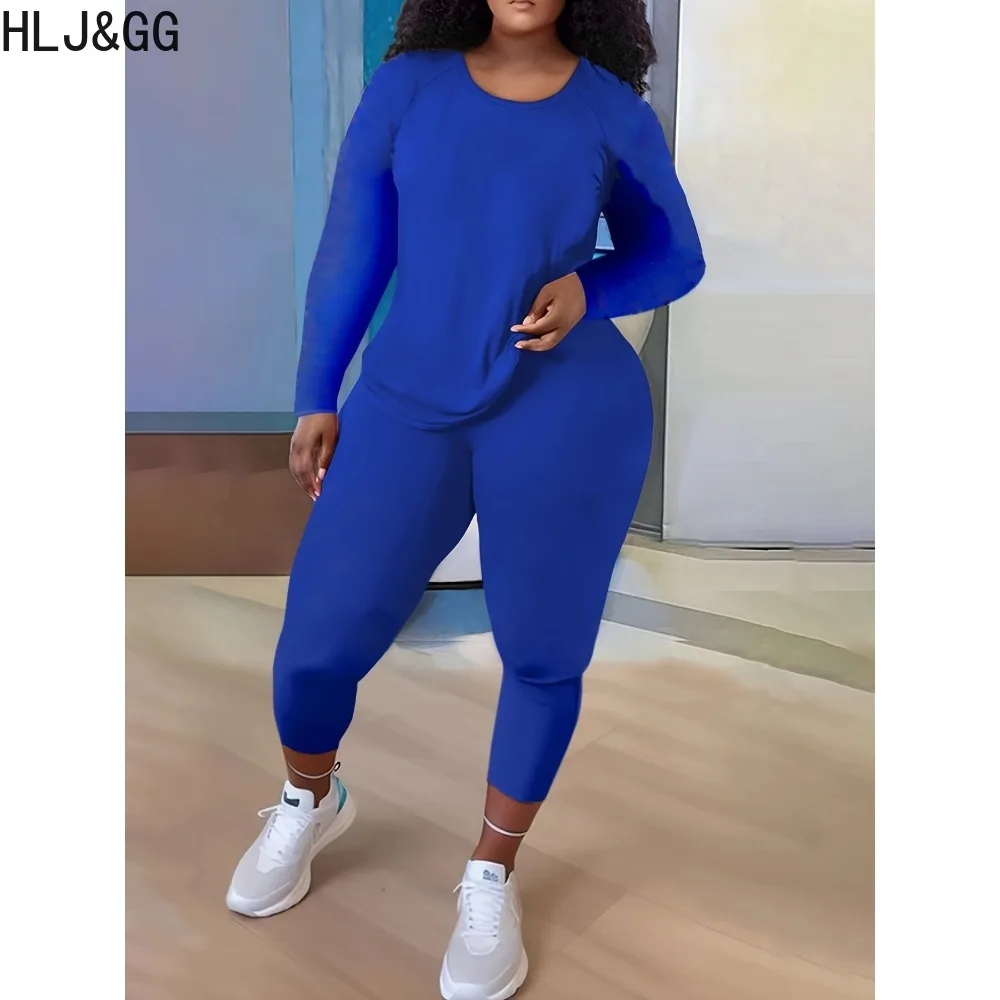 HLJ&GG Casual Solid Color Skinny Pants Two Piece Sets Women Round Neck Long Sleeve Top And Pants Outfits Female 2pcs Tracksuits