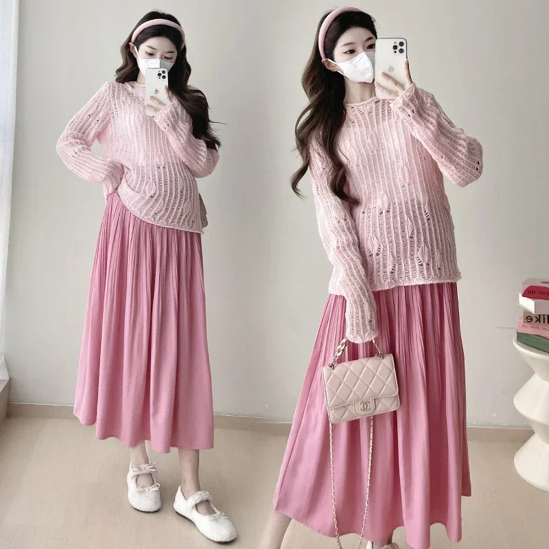 Factory Price Korean Style Fashion Maternity Belly Skirts Long Loose High Waist Pregnant Woman Empired Pleated Skirt Maxi Skirt
