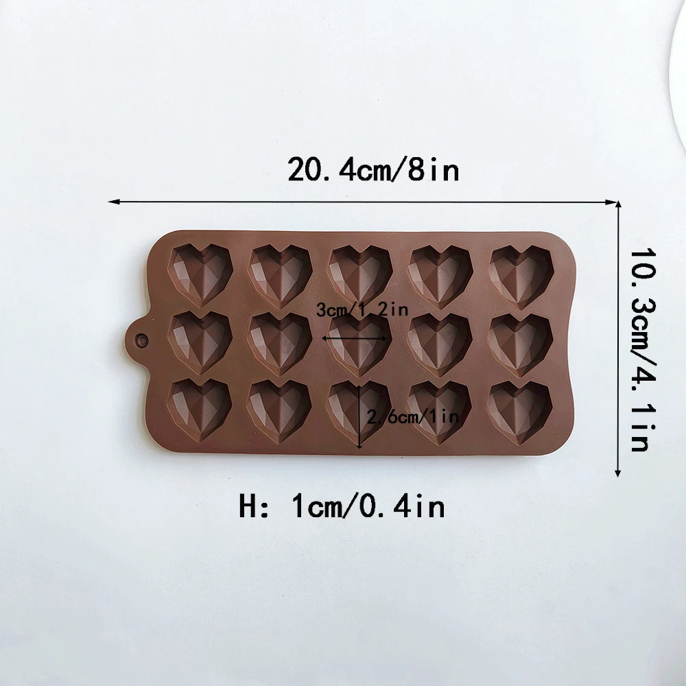 15-Cavity Diamond Heart Silicone Mold for Chocolate, Candy, Jelly, and Wax Crafting