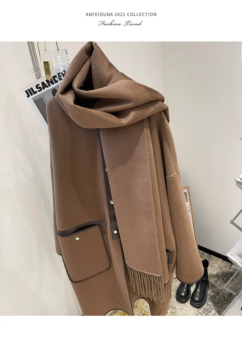 hooded puffer jacket "Anfiouna" 21 autumn and winter new sheepskin wrapped scarf design double-sided cashmere long tweed coat women hooded puffer jacket