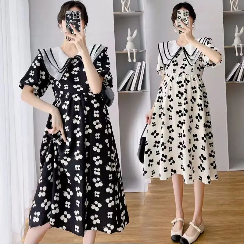 

Maternity Turn-down Collar Dresses Summer Clothes For Pregnant Women Pregnancy Chiffon Short Sleeve Dress Mother Cool Clothing