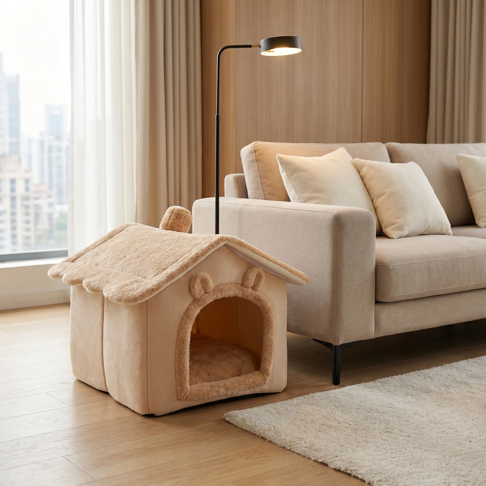 Lit maison pliable et lavable pour chat et petit chien avec coussin amovible_voghion.com