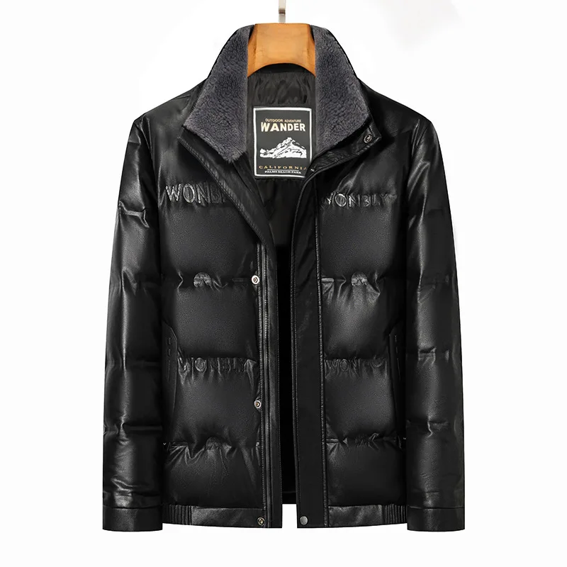 

Men's Winter Casual Thickened Short Solid Color Non Hooded Leather Down Jacket