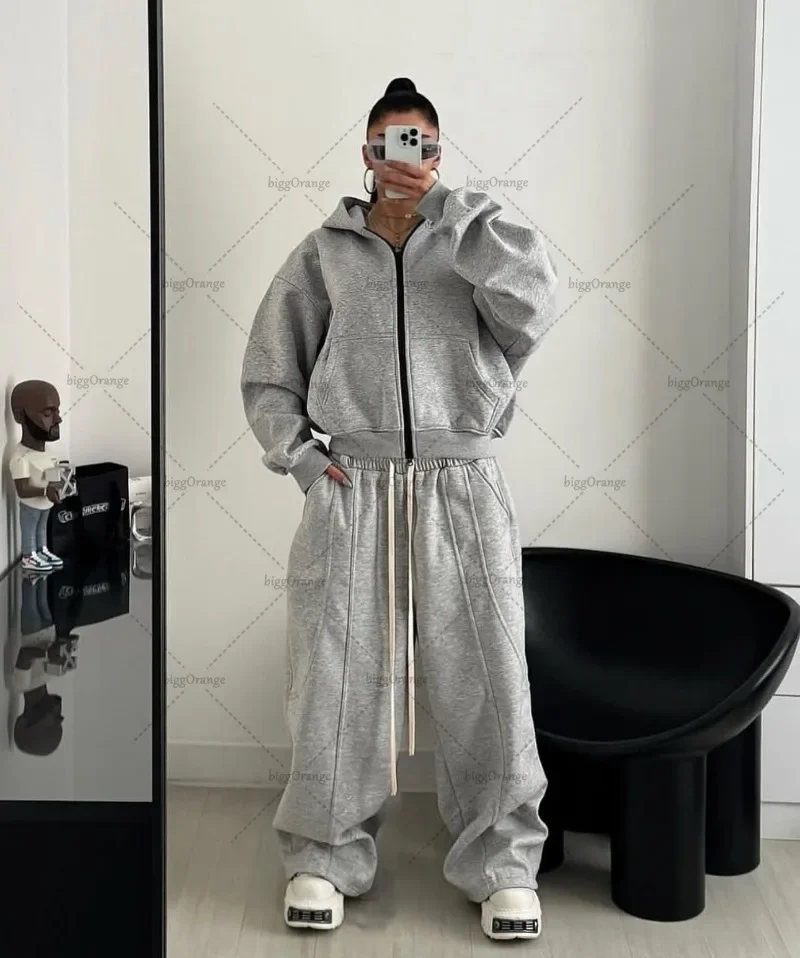 High Street American Retro Streetwear Women's Suit Two-piece Set Trendy Harajuku Zipper Hoodie Casual Splicing Grey Sweatpants 2