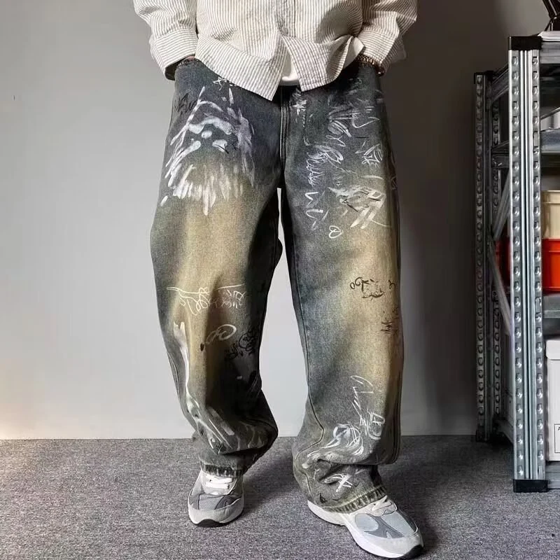 Men's Chic Baggy American Vintage Style Denim Pants Graffiti Graphic Design Trousers Trend Cool High Street Wide Leg Jeans Male