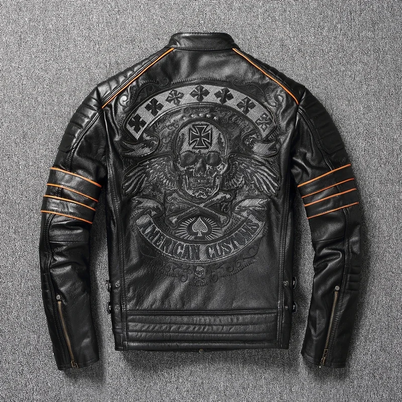 Real Cowhide Coat Genuine Leather Clothes Men's Motorcycle Embroidered Skull Motorcycle Riding Jacket Autumn Asian Size men leather jacket