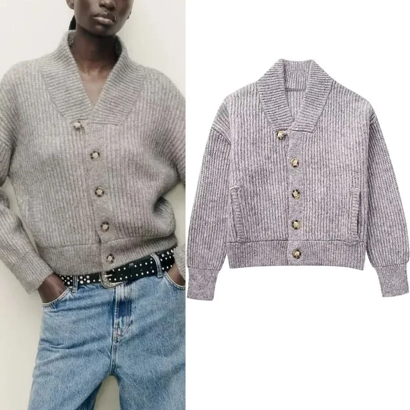 

TRAF V-Neck Knit Bomber Jacket For Women Autumn Warm Long Sleeves Sweater Coats Casual Elastic Rib Trim Front Button Up Cardigan