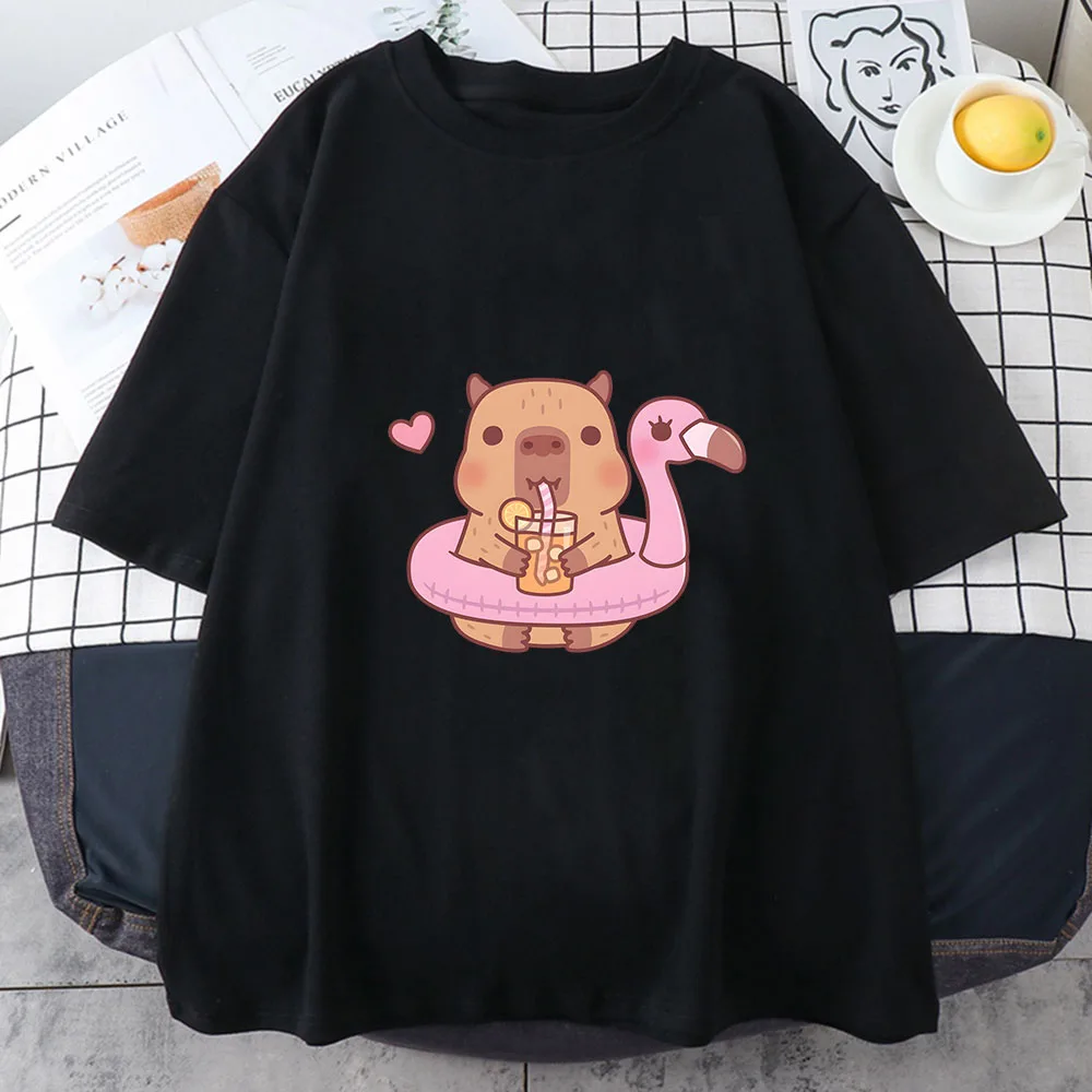 Women's Summer Capybara Bubble Tea Anime Print O-neck Cotton T-shirt