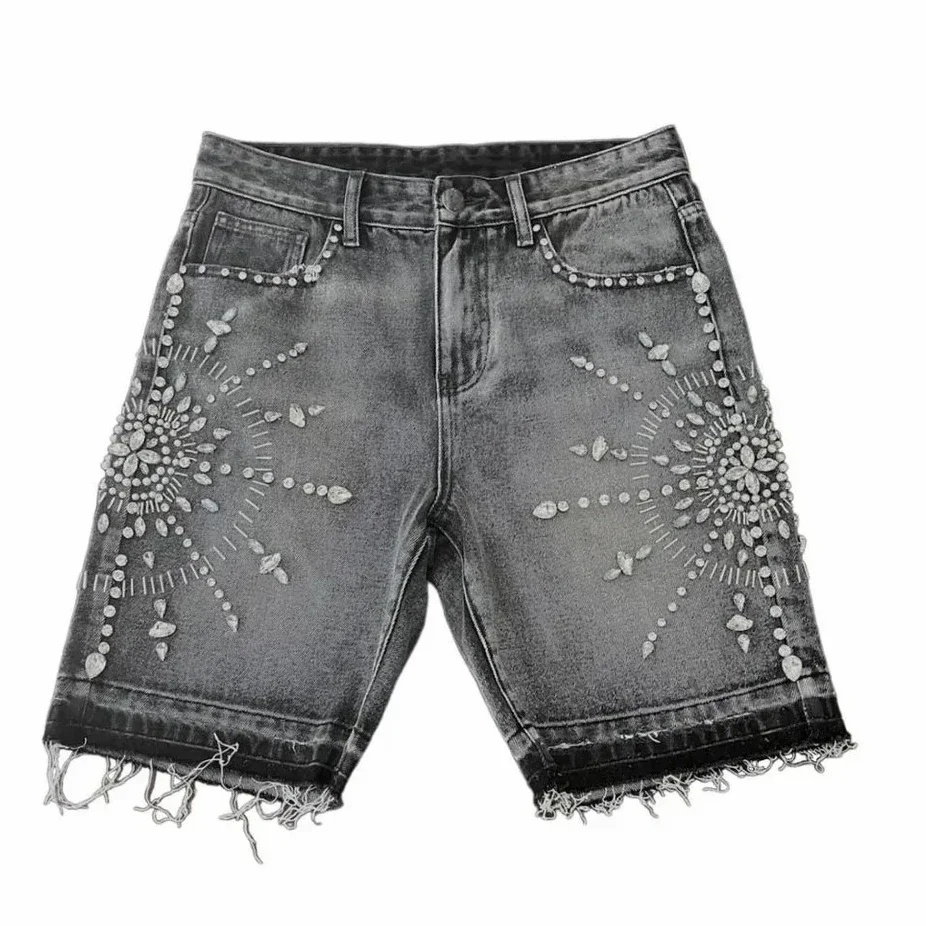 Retro Gothic Y2k Sweatpants Oversized Iron Diamond Pattern Denim Shorts for Men Hip Hop Punk Low Waist Gym Shorts Streetwear