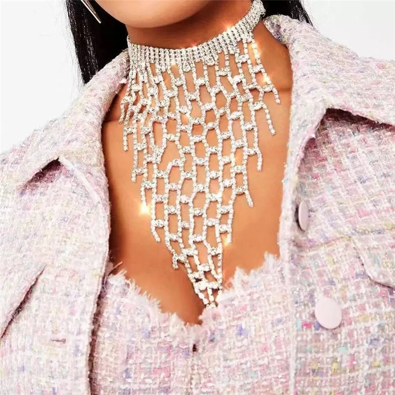 

Luxury Rhinestone Multilayer Mesh Bridal Big Choker Necklace for Women Shiny Crystal Long Tassel Wedding Collar Choke Jewelry
