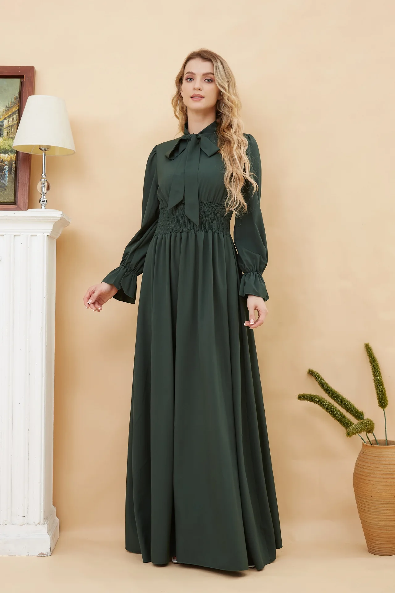

Middle Eastern Women's Robe Summer Fashion Elegant Temperament long Dresses Muslim Islamic Fashion Bow Slim Party Dress