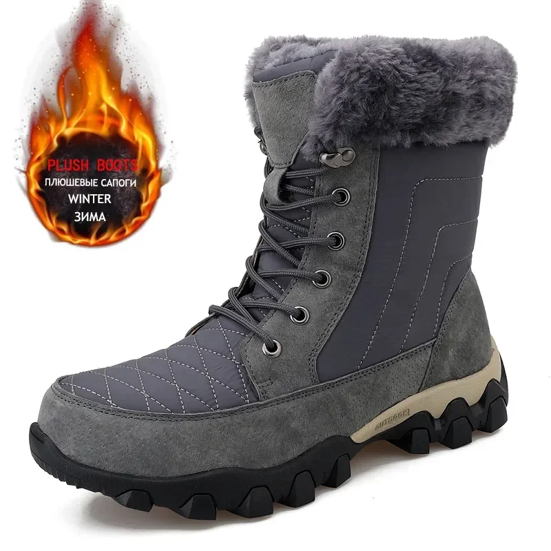 New Cold Winter Men's Snow Boots Calf Boots Warm Fur Men High Boots Outdoor Waterproof Boots Platform Leather Motorcycle Boots