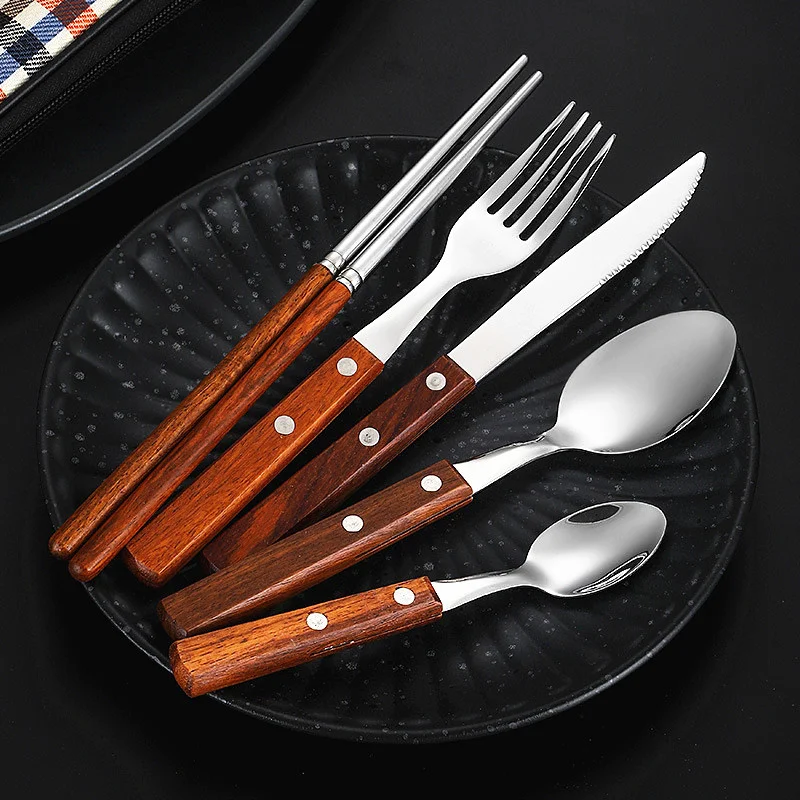 

5 Pcs Wooden Handle Cutlery Set 304 Stainless Steel Japanese Style Steak Knife Fork Spoon Chopsticks Tableware Kitchen Utensils