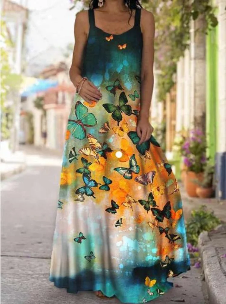 

Vintage Summer Butterfly Print Dress Women Super Oversized Boho Clothes Beach Sleeveless Long Dress Casual 5XL Plus Size Dresses