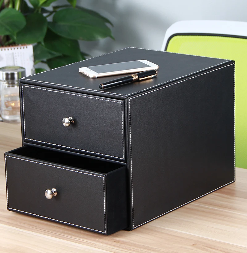 

double layer double drawer wood leather desk set filing cabinet storage box office organizer document container holder 214A
