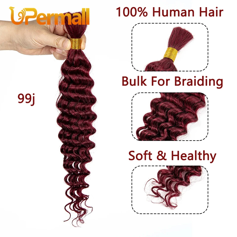 Upermall Bulk Human Hair No Weft 100g For Braiding Deep Curly Wave Full Ends Extensions Brazilian 100% Remy For Boho Braids 1B