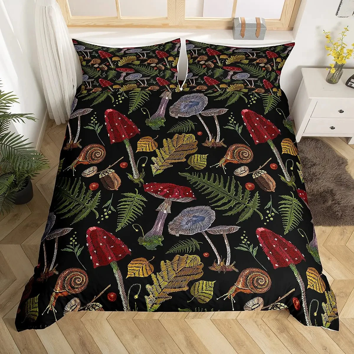 

Mushroom Duvet Cover Set Burgundy Plant Fallen Leaves Bedding Set 2/3pcs for Kids Snail Print King Size Soft Comforter Cover