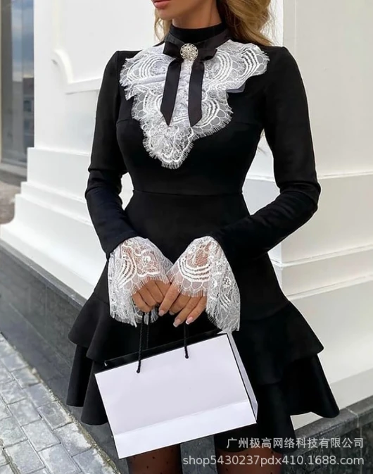 

Women Dress Elegant Commuting Fashion Lace Spliced Bow Neck Round Neck Long Sleeved High Waist Slim Ruffle A-line Mini Dress