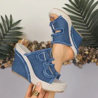 Blue Denim Wedge Heel Sandals for Women Summer Fashion Double Buckle Chunky Platform Sandals Woman Gothic Thick Bottom Slippers - Image 5