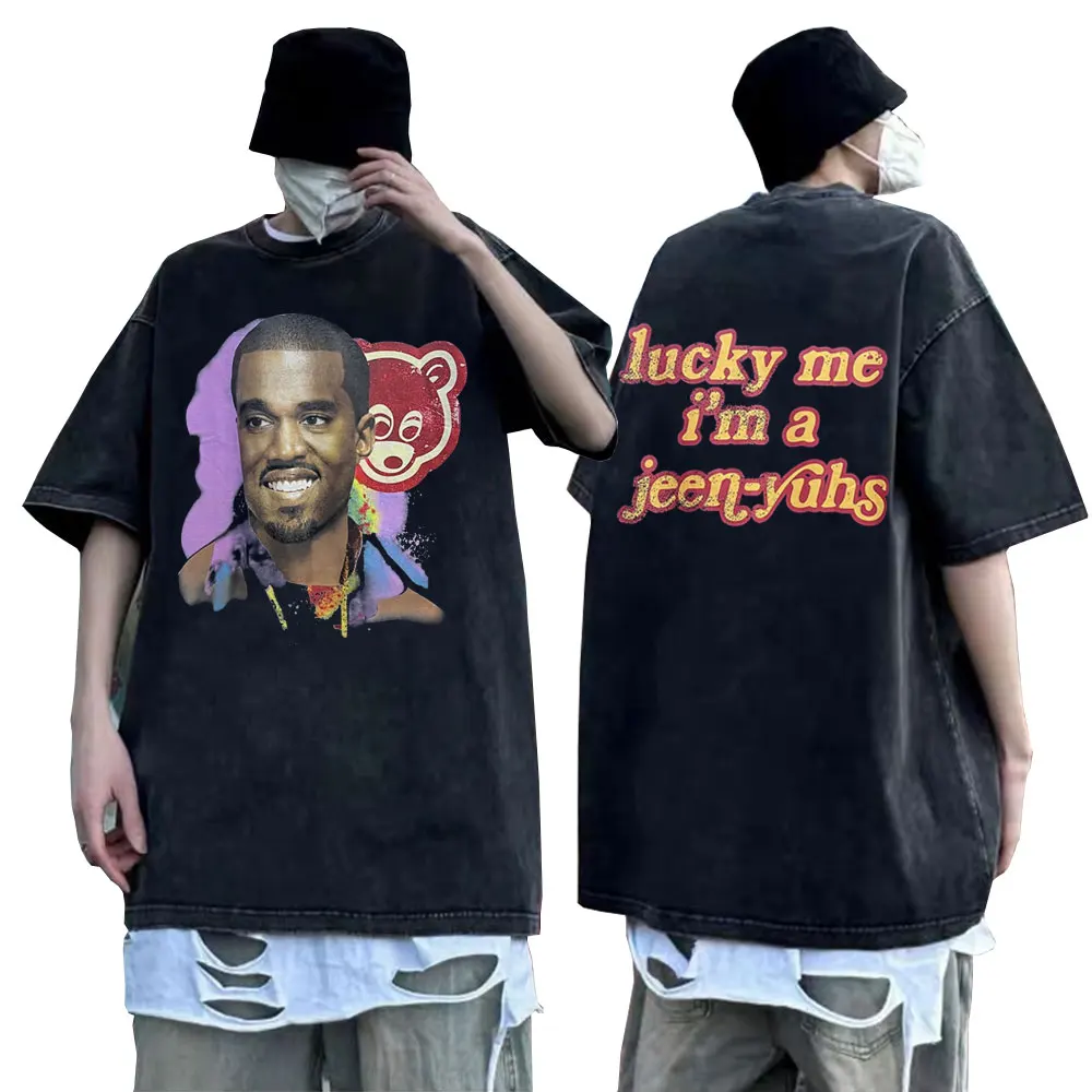 

Rapper Kanye West The College Dropout Graduation Lucky Me I'm A Jeen Yuhs Graphics Tshirt Men Hip Hop Washed Vintage Black Tees