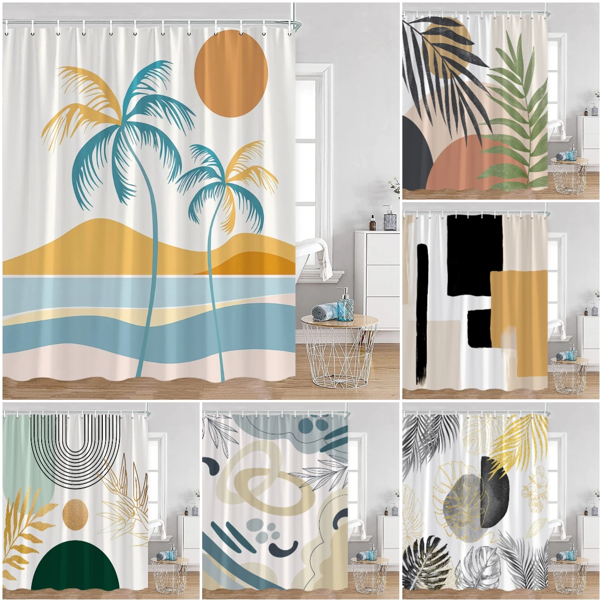 

Abstract Geometrics Shower Curtains Mid-century Nordic Minimalist Bathroom Decortaions Modern Polyester Bath Curtain with Hooks