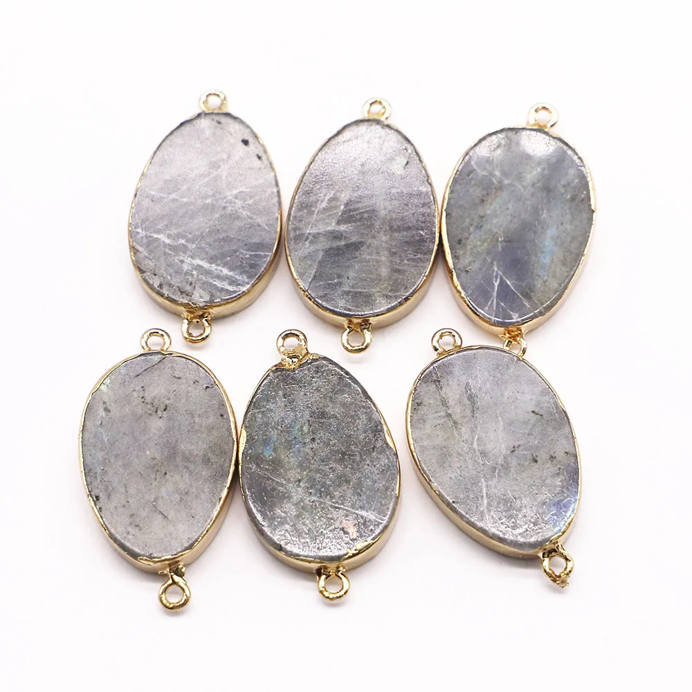 Natural Stone Oval Pendant Connector Labradorite Flat Necklace Mineral Healing Gold Plated Edge Charm DiY Jewelry 4Pcs Wholesale